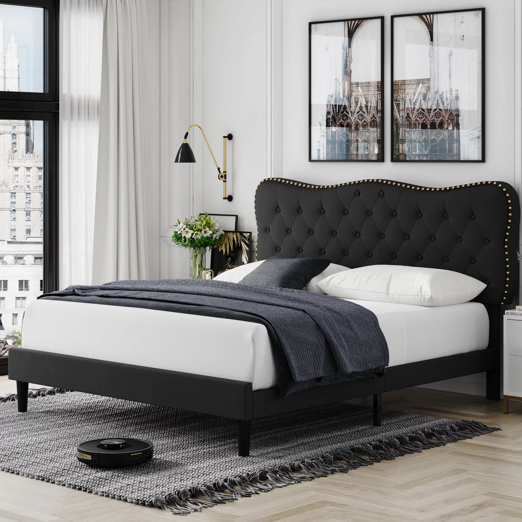 Queen Size Black Linen Upholstered Platform Bed with Tufted Headboard Y2457