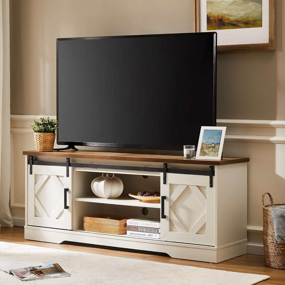 Farmhouse Sliding Barn Door TV Stand for TVs Up to 65 inch, Rustic Brown U5673