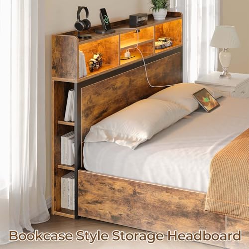 Queen Bed Frame with Storage, 4 Drawer, USB Charging Station, LED Lights, Bookcase Headboard, Black I628466