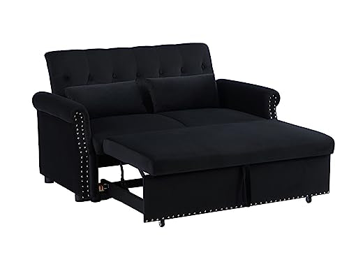 Black Velvet Convertible Sofa Bed with 2 Lumbar Pillows I464