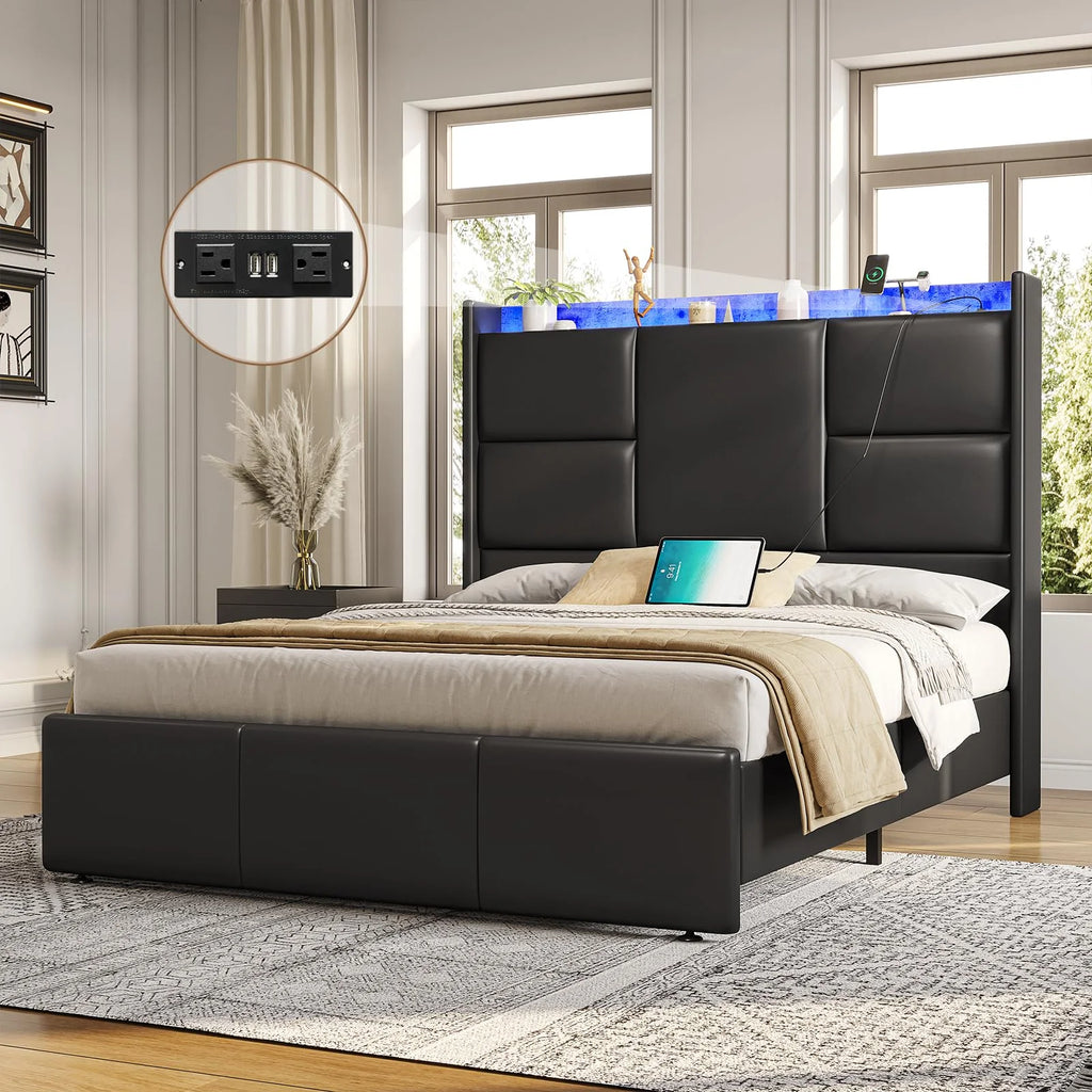 Queen Platform Bed Frame with High Headboard and Charging Station H50835
