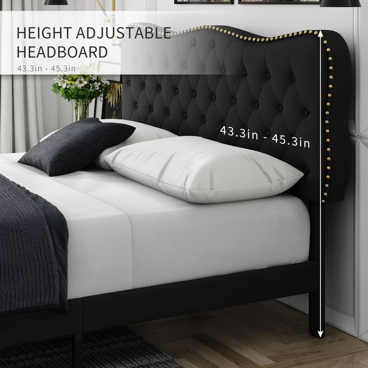 Queen Size Black Linen Upholstered Platform Bed with Tufted Headboard Y2457