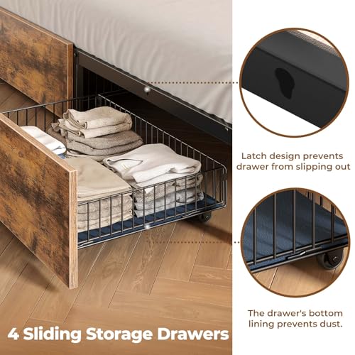 Queen Bed Frame with Storage, 4 Drawer, USB Charging Station, LED Lights, Bookcase Headboard, Black I628466