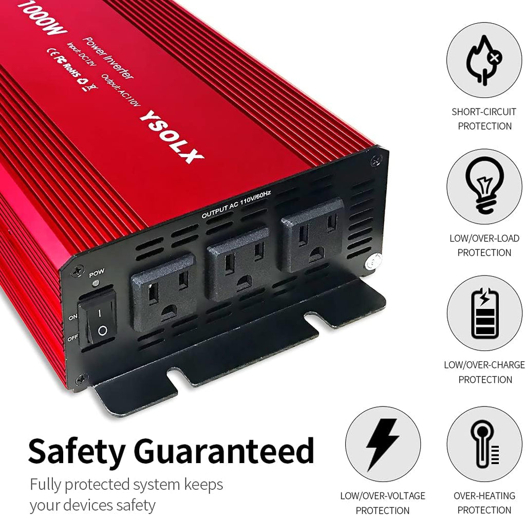 1000 Watt 12V to 110V Power Inverter with 3 AC Outlets B12953