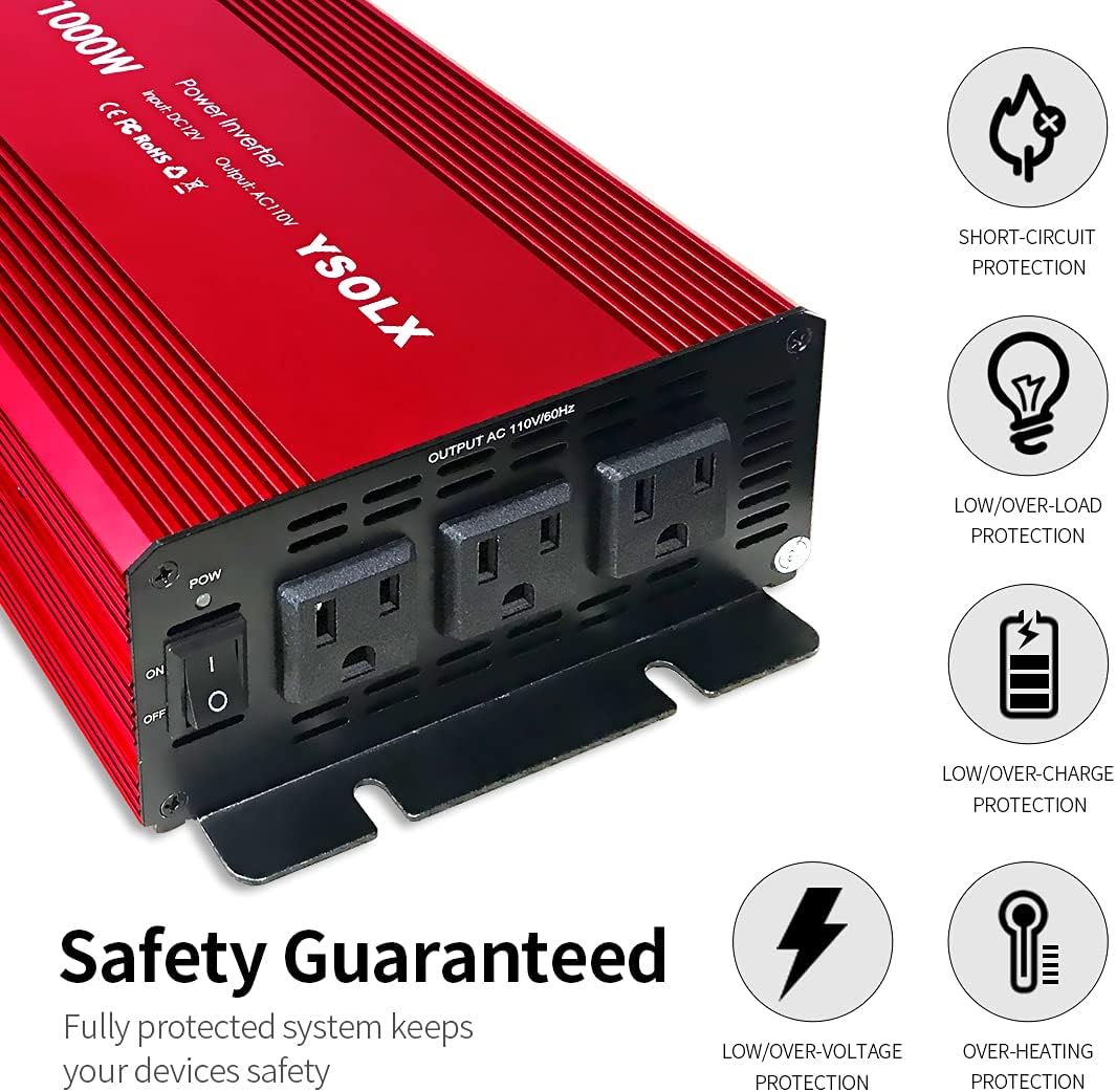 1000 Watt 12V to 110V Power Inverter with 3 AC Outlets B12953