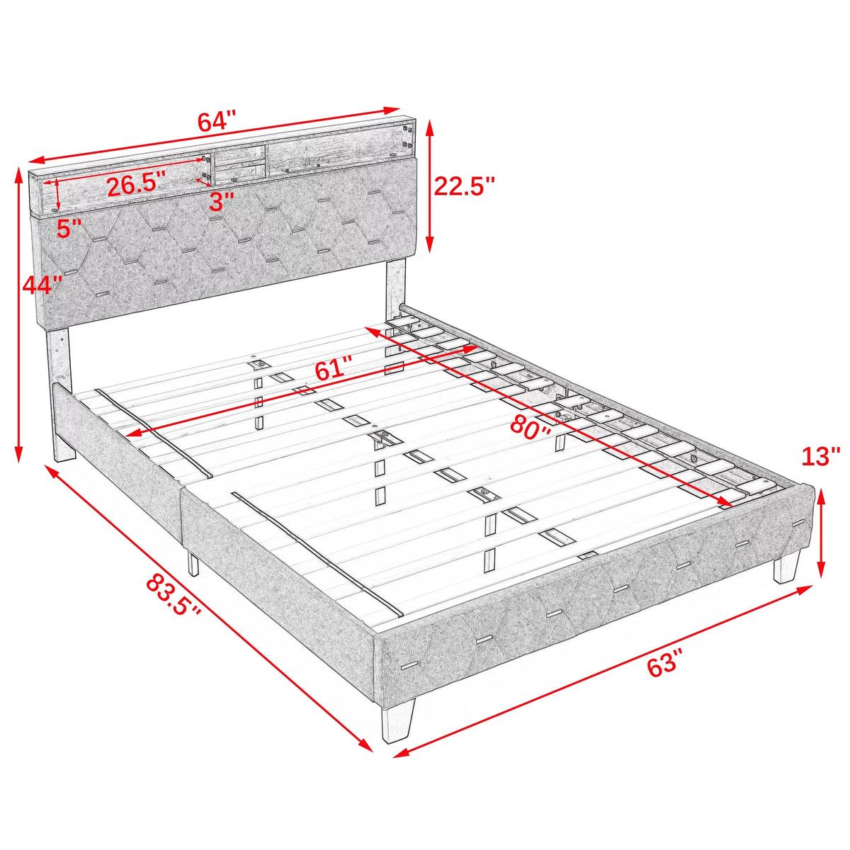 Upholstered Bed 160 x 200 cm with USB and Storage Headboard U648013