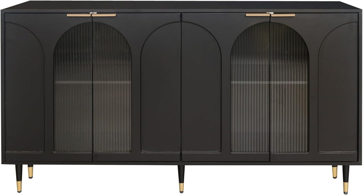 Black Lacquered Wood Buffet Cabinet with 4 Fluted Glass Doors and Metal Legs I621032