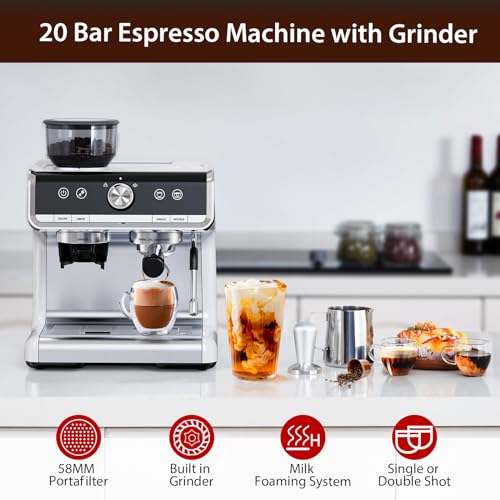 20 Bar Espresso Machine with Grinder and Milk Frother Steam Wand E3943