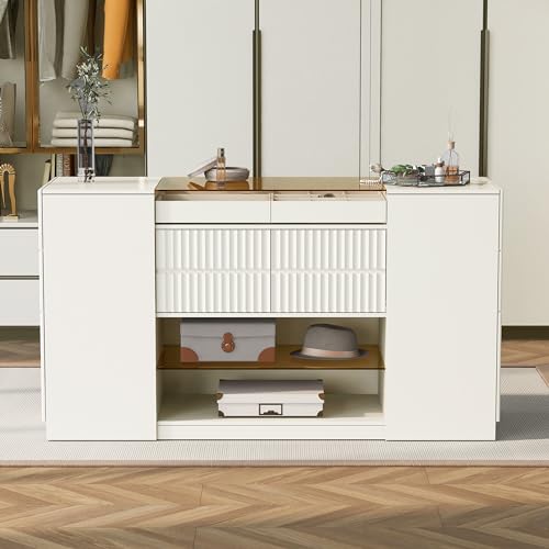 White Glass Top 6 Drawer Wooden Closet Storage Cabinet T10783