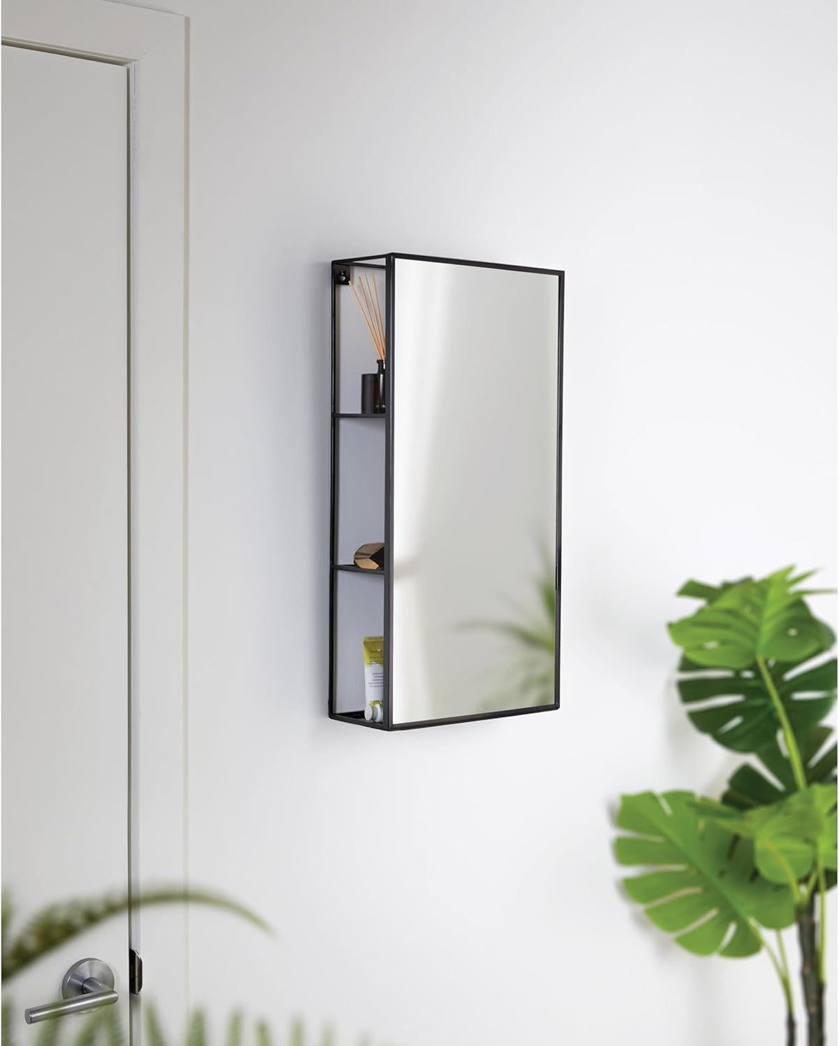 Black Metal Bathroom Mirror Storage Cabinet with 3 Shelves N365