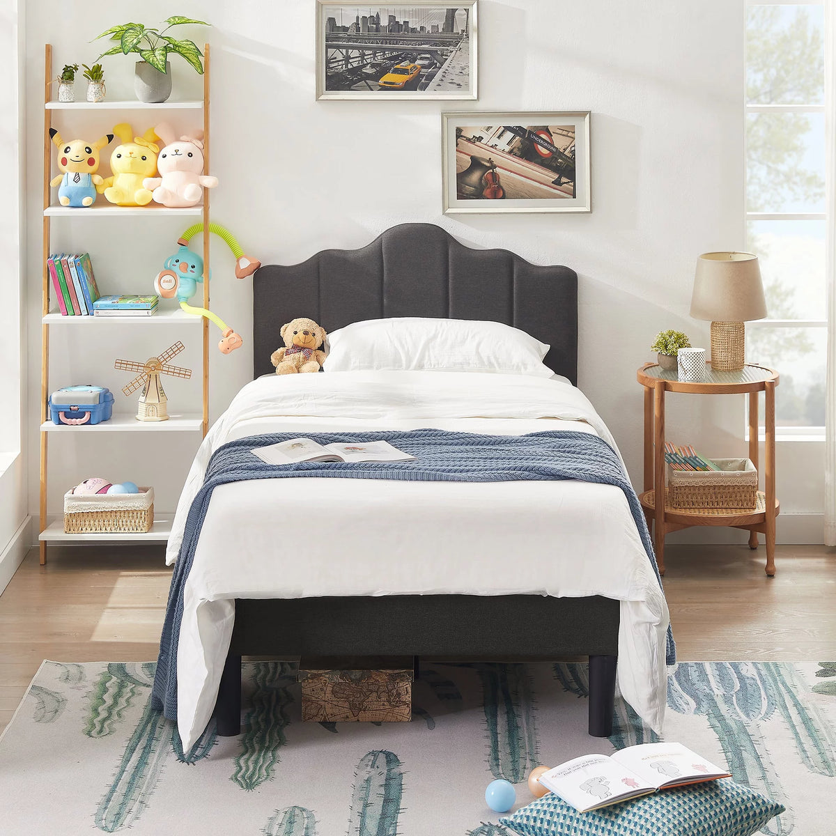 Twin Size Upholstered Platform Bed Frame Dark Grey J896918