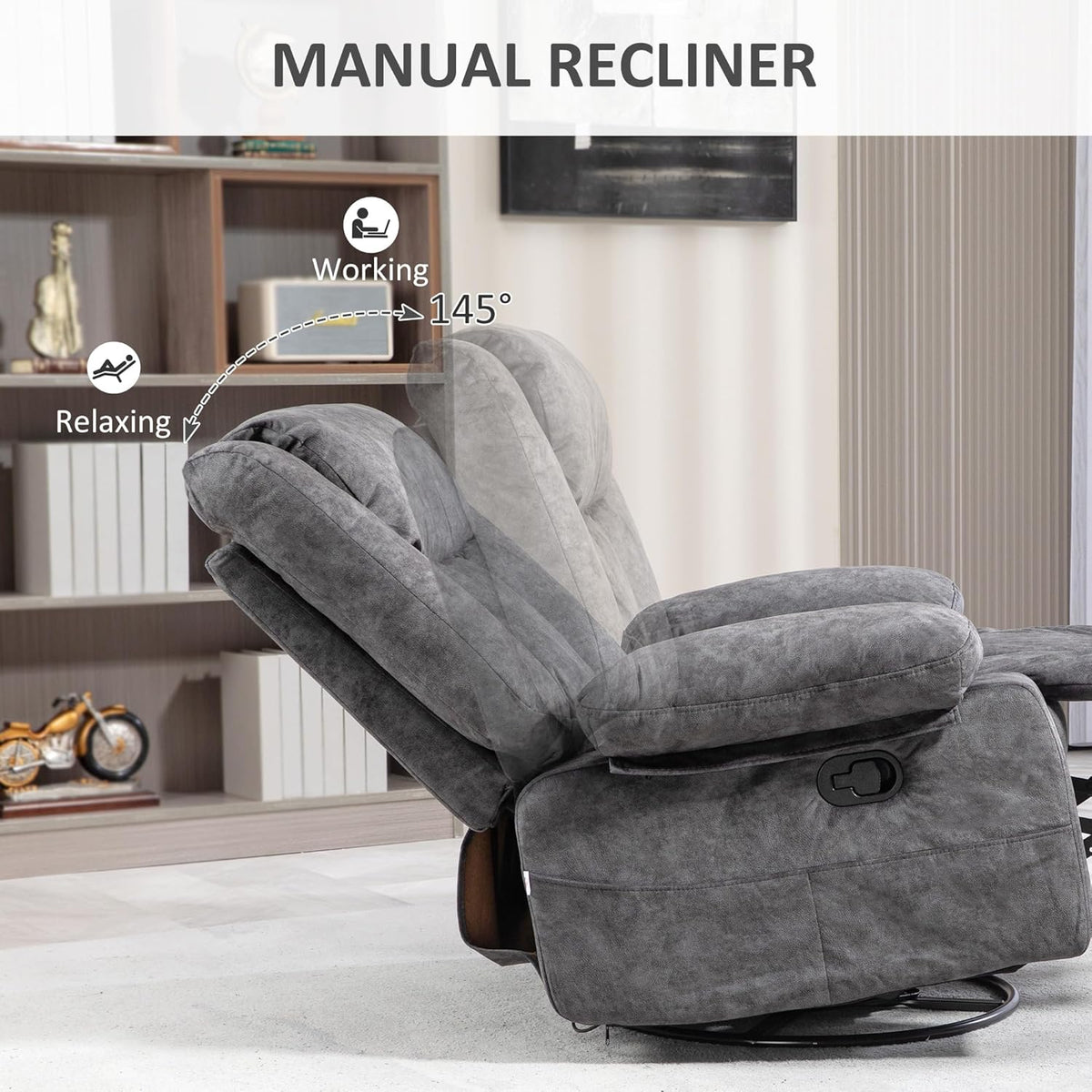 Gray Swivel Rocker Recliner Chair with Side Pockets and Metal Base H787