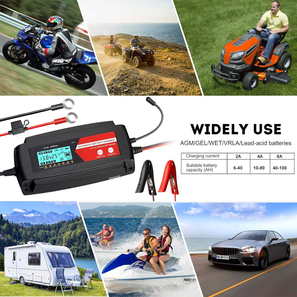 Fully Automatic 3 in 1 Car Battery Charger 12V 2/4/8 Amp with LCD Display K910