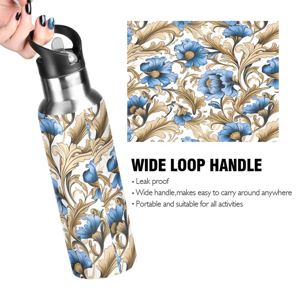 Blue Flowers Gold Leaves Stainless Steel Insulated Water Bottle A739