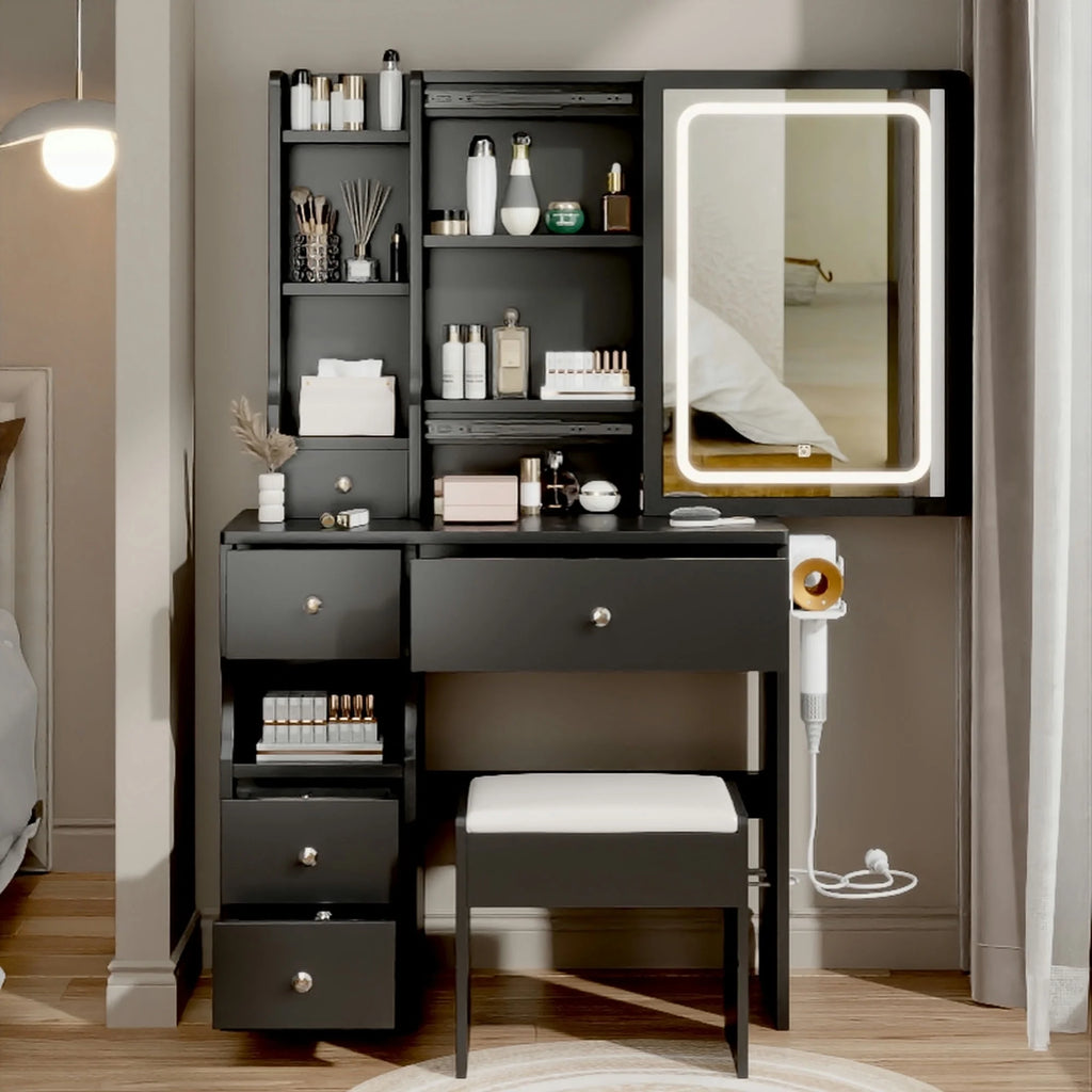 White Vanity Table with Lighted Mirror and Stool H96044