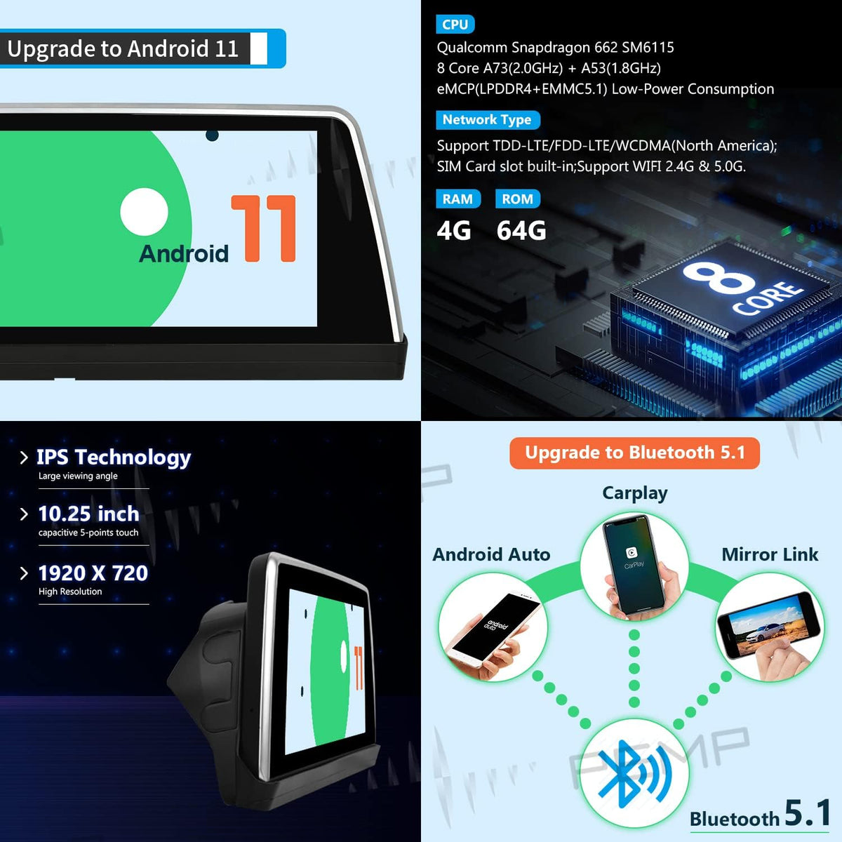 Blue Anti-Glare Vertical Screen 10.25 Android 11 Auto Carplay Snapdragon 662 8 Core 4+64GB for BMW E60 E61 CCC S816435