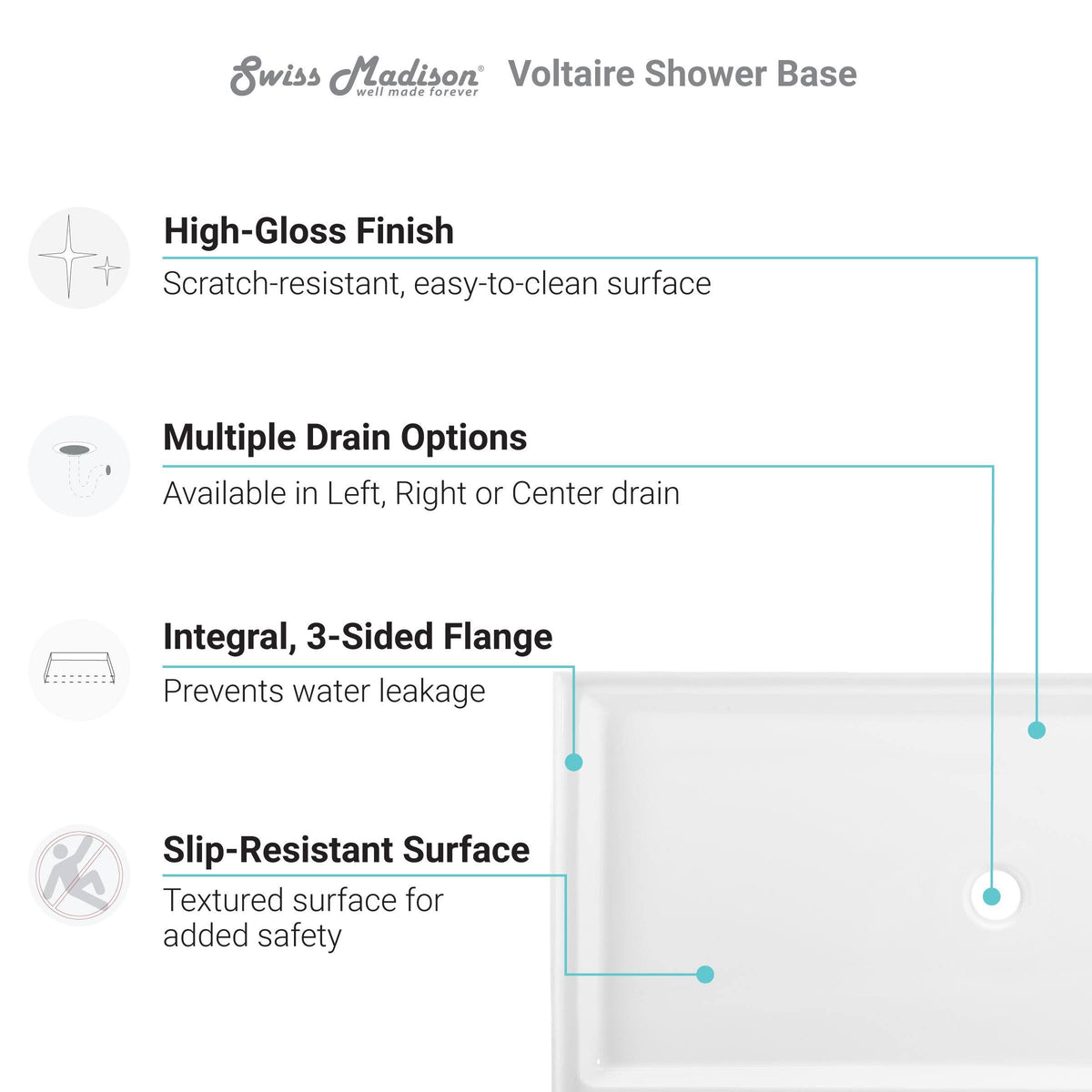 Single Threshold Shower Base Drain Location: Left B136