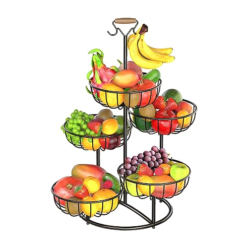Black Metal Wire 5 Tier Fruit Basket with Banana Hanger X8729
