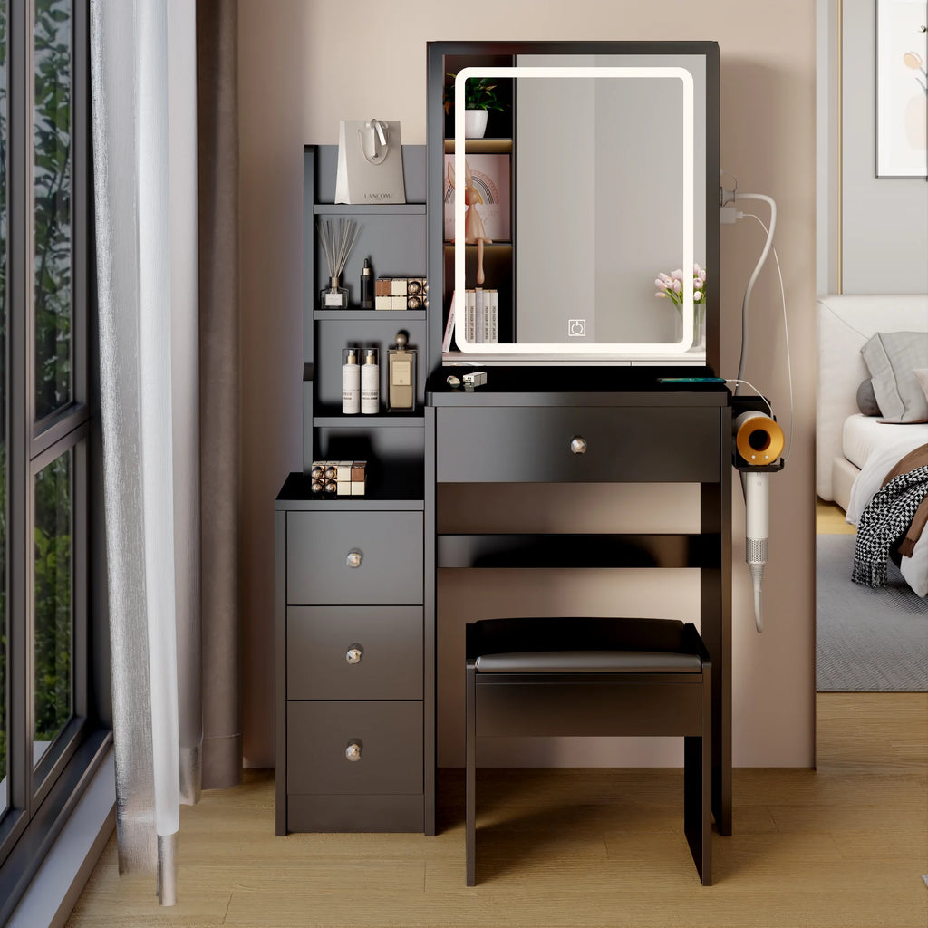 White Vanity Table with Lighted Mirror and Stool H96044