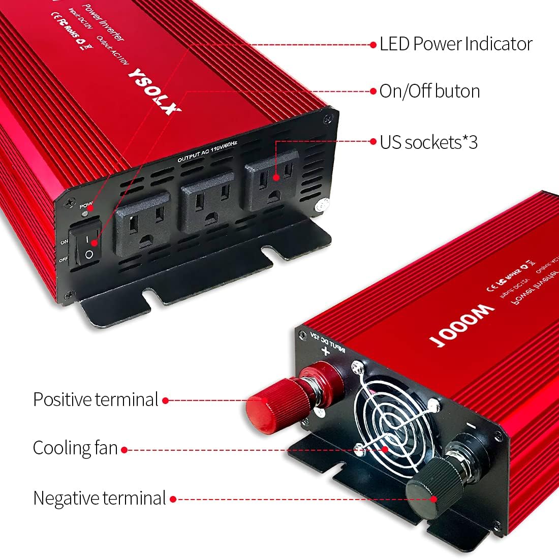 1000 Watt 12V to 110V Power Inverter with 3 AC Outlets B12953