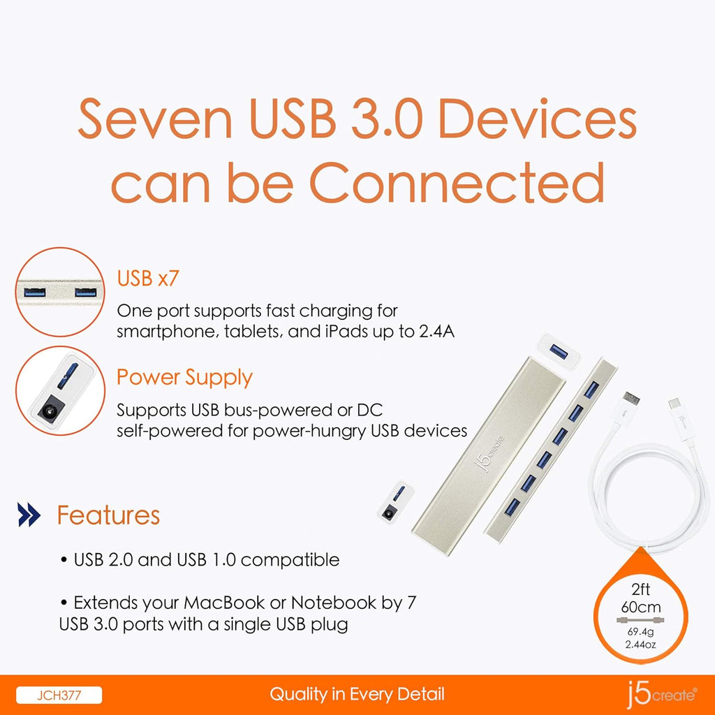 USB Type-C to 7-Port USB 3.0 Data Hub with 3 ft Extended Cable W98239