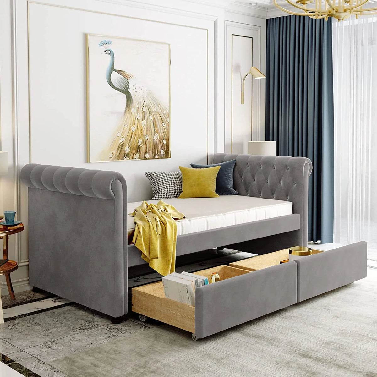 Gray Upholstered Daybed with Storage and 2 Drawers S48073