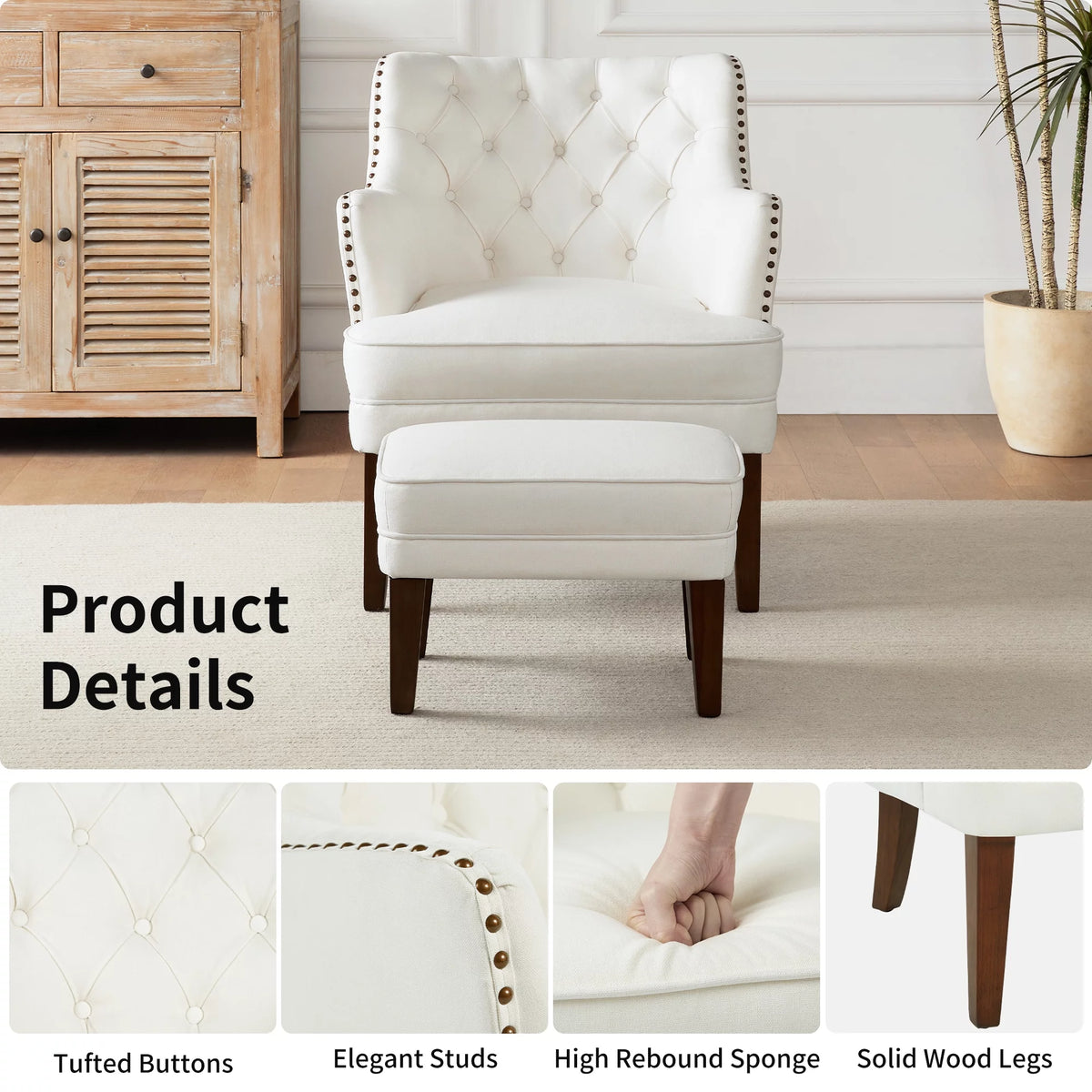 Beige Accent Chair with Ottoman Set Y478
