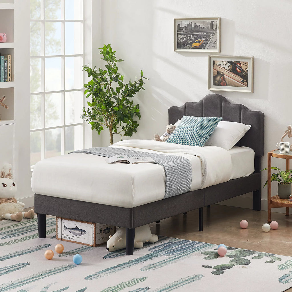 Twin Size Upholstered Platform Bed Frame Dark Grey J896918