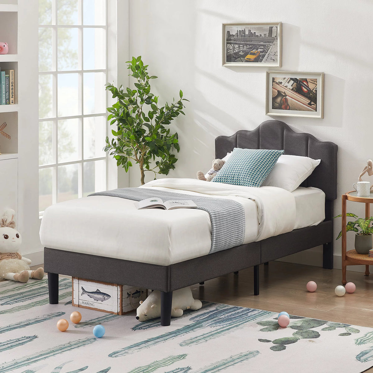Twin Size Upholstered Platform Bed Frame Dark Grey J896918