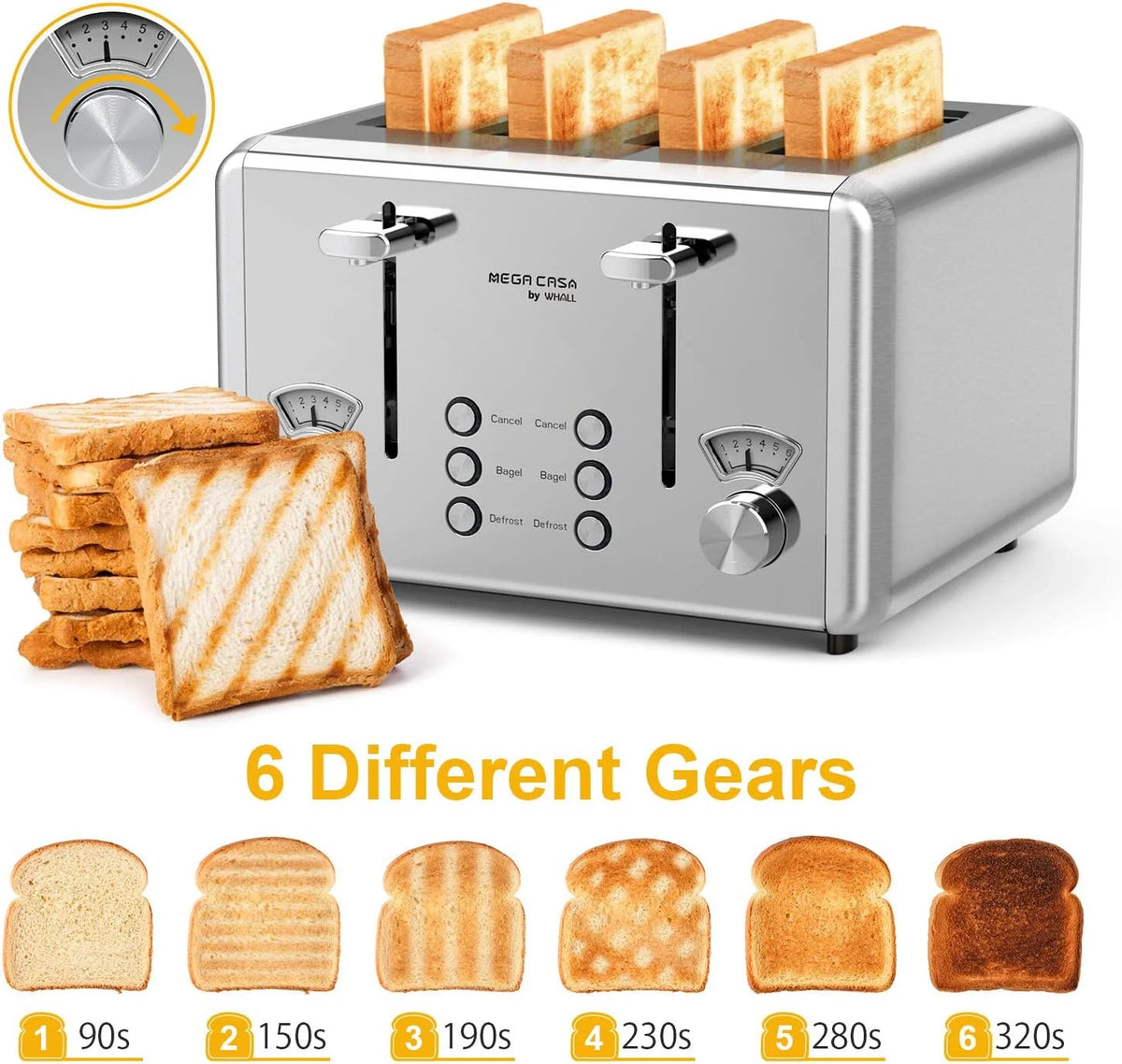 4 Slice Toaster with Bagel Defrost Cancel Function I724