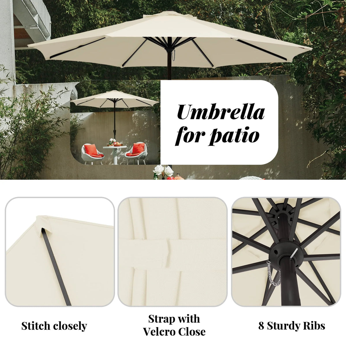 9' Outdoor Patio Umbrella with Push Button Tilt and Crank, Beige U9161