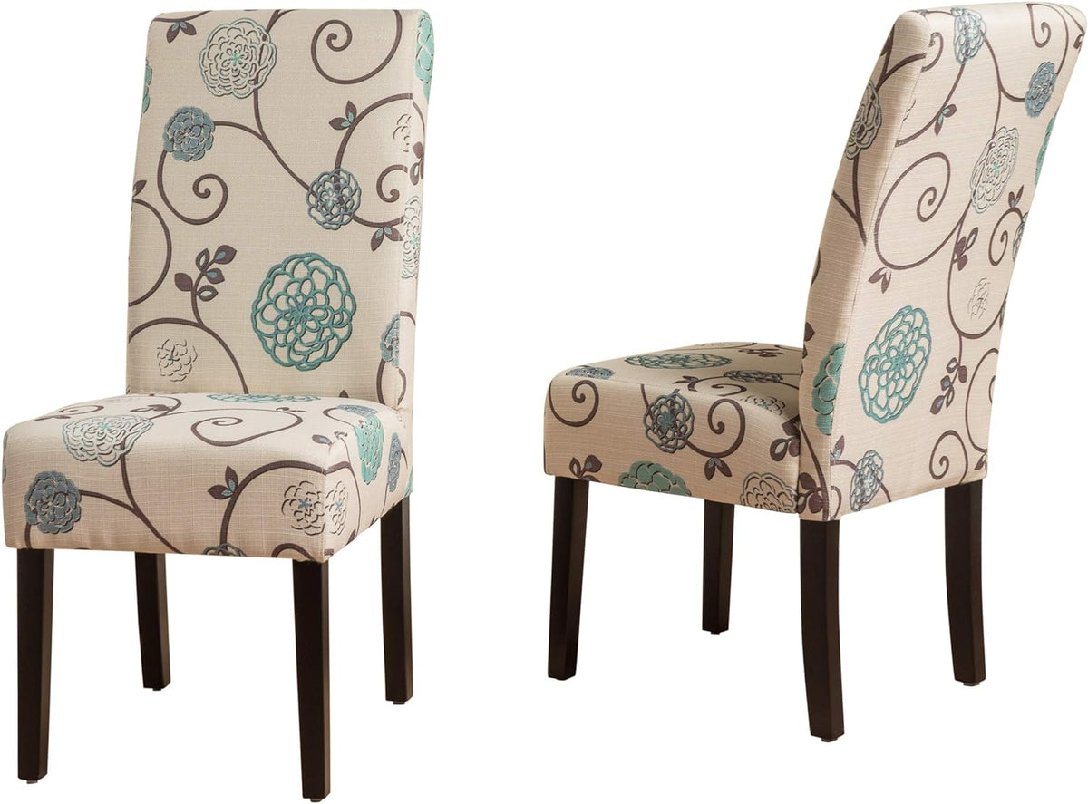 White and Blue Floral Fabric Dining Chairs 2 Pcs Set N4400