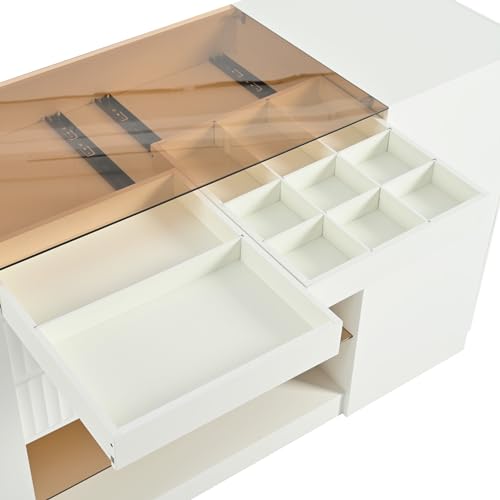 White Glass Top 6 Drawer Wooden Closet Storage Cabinet T10783