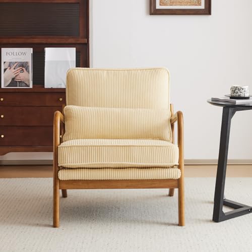 Beige Yellow Corduroy Accent Chair with Pillow U70003