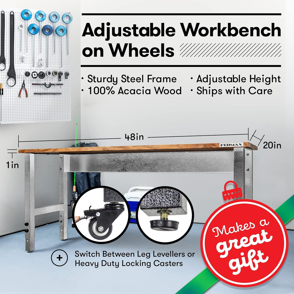 Acacia Wood Work Bench with Caster Wheels and Adjustable Height Legs T8517