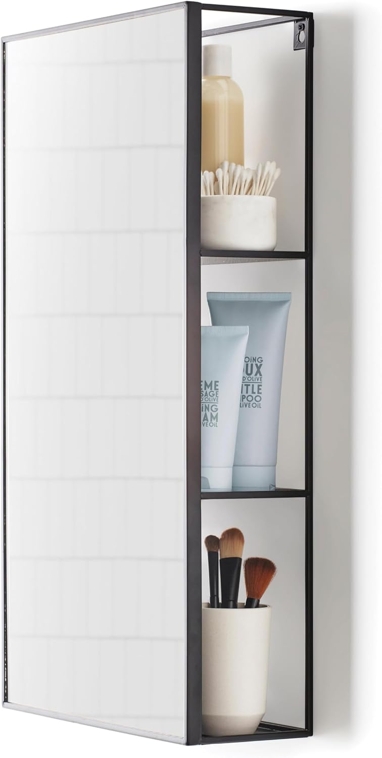 Black Metal Bathroom Mirror Storage Cabinet with 3 Shelves N365