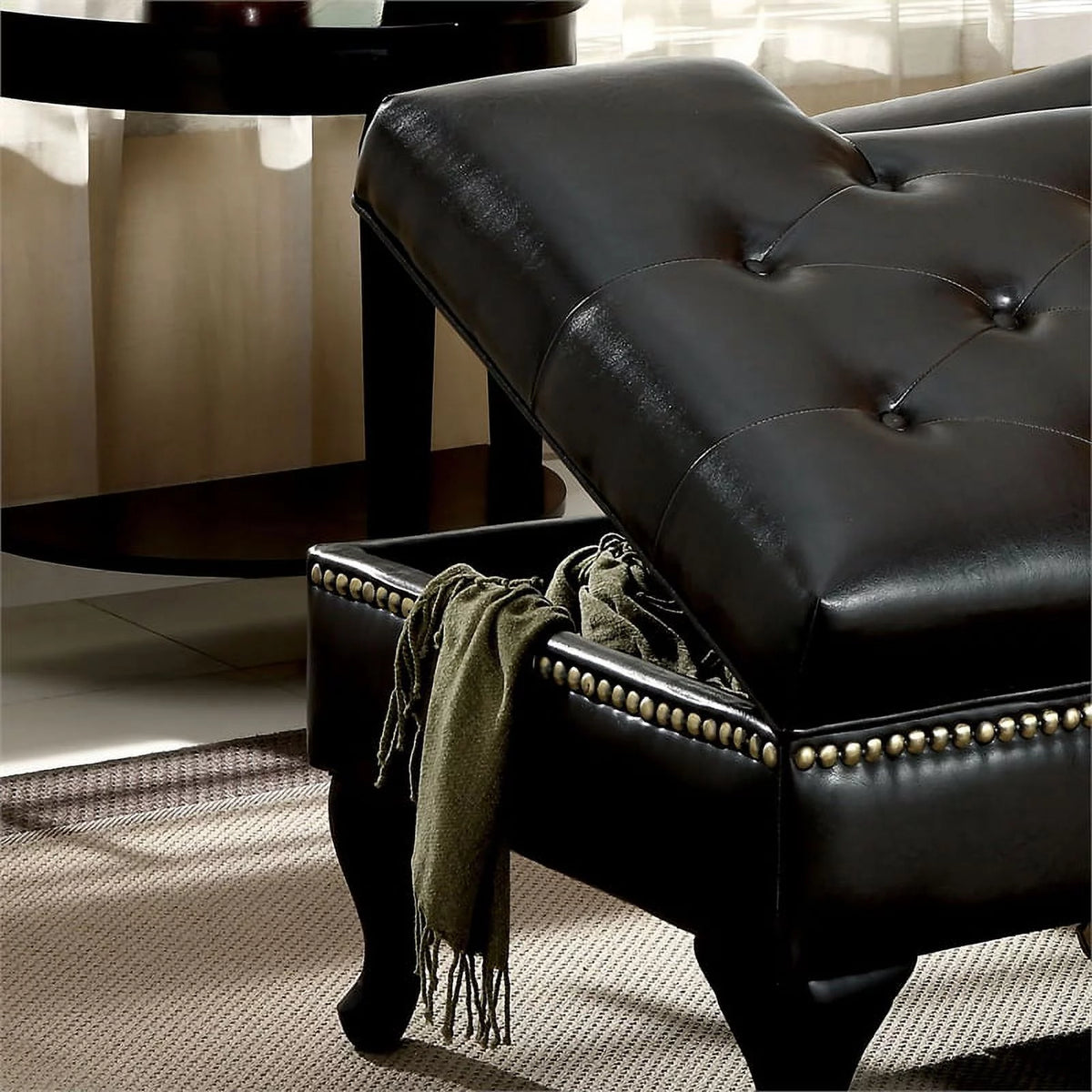Black Faux Leather Tufted Storage Chaise Lounge D1223