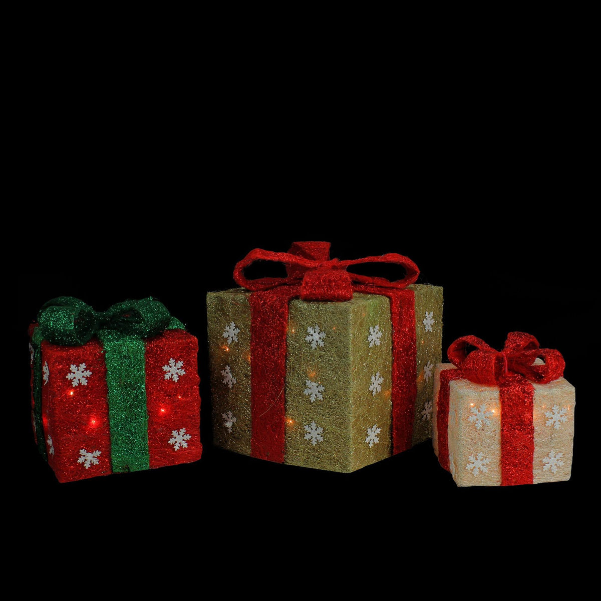 Set of 3 Lighted Gold Green and Cream Gift Boxes Christmas Yard Art Decorations V946459