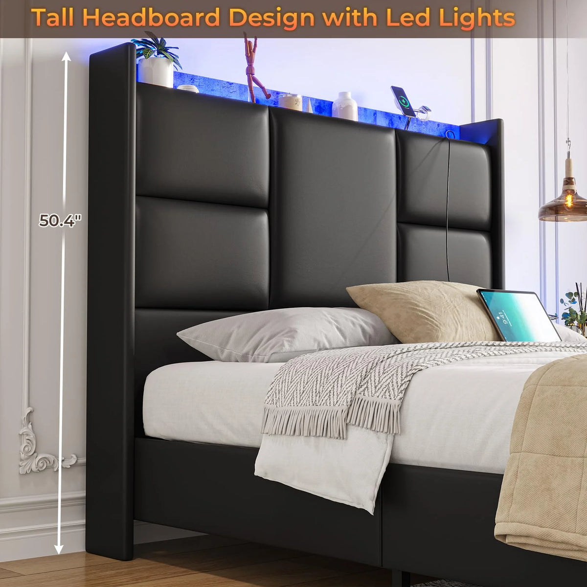 Queen Platform Bed Frame with High Headboard and Charging Station H50835