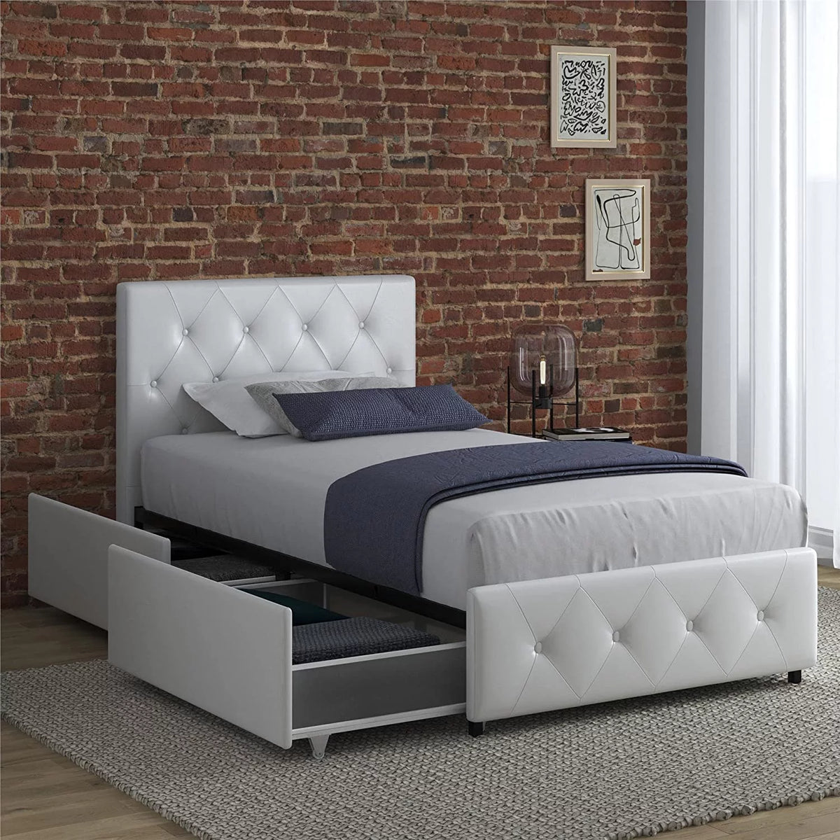 White Faux Leather Upholstered Platform Bed with Storage Drawers, Twin B8030