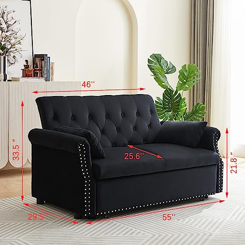 Black Velvet Convertible Sofa Bed with 2 Lumbar Pillows I464