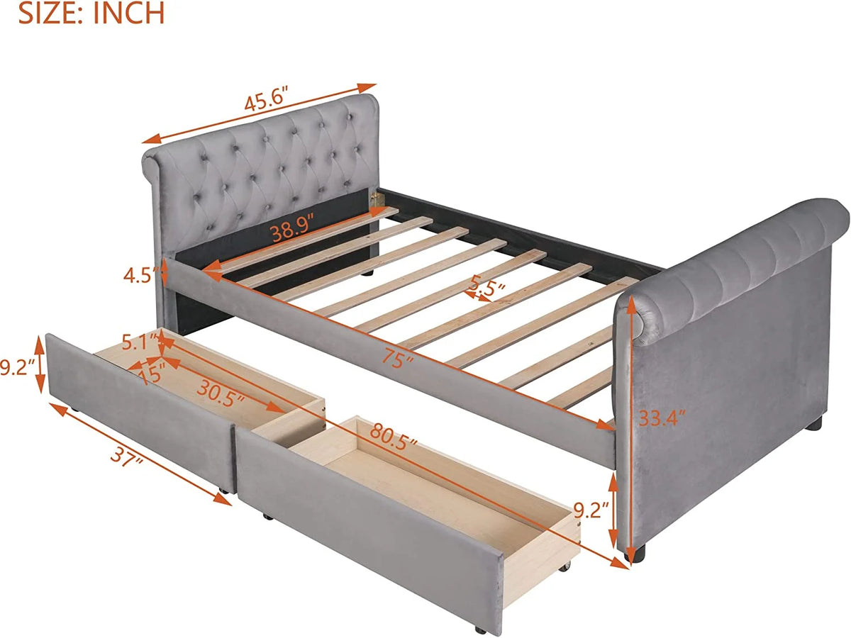 Gray Upholstered Daybed with Storage and 2 Drawers S48073