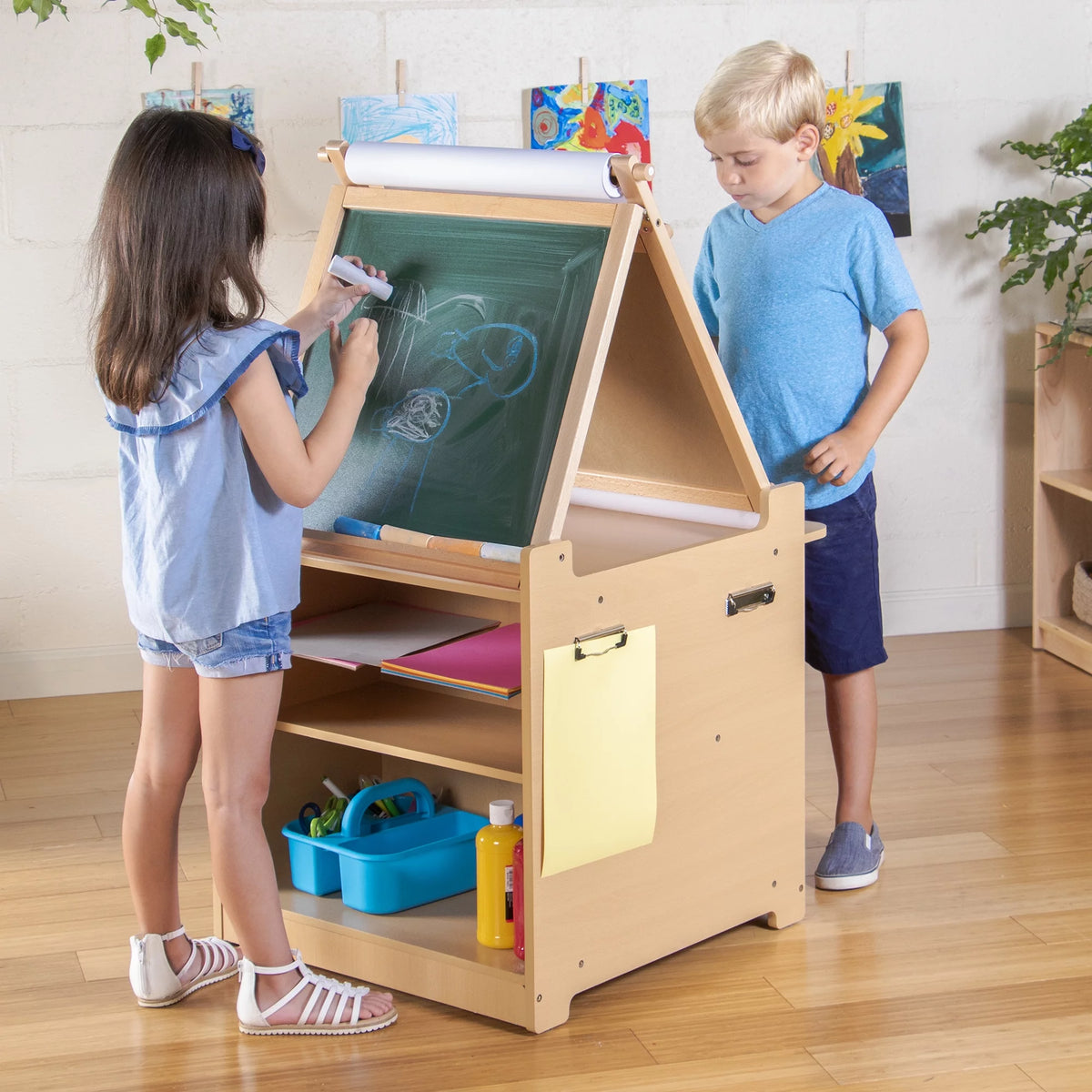 Folding Kids' Art Cart with Chalkboard, Whiteboard, Paper Roller, Paint Cups, and Storage Bins S183