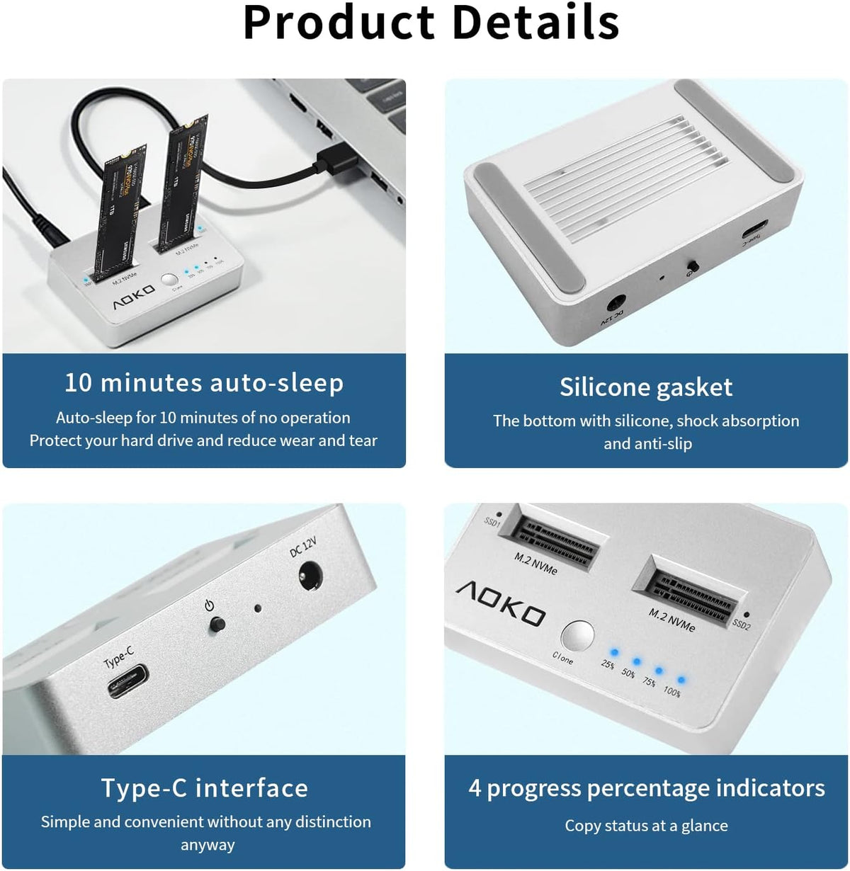 NVMe Dual-Bay Docking Station Clone Duplicator, USB C 3.2 Vertical External M.2 NVMe SSD Enclosure F6967
