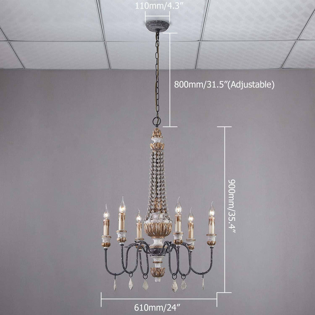 Retro Rustic 6-Light Wood Metal Crystal Chandelier T202659