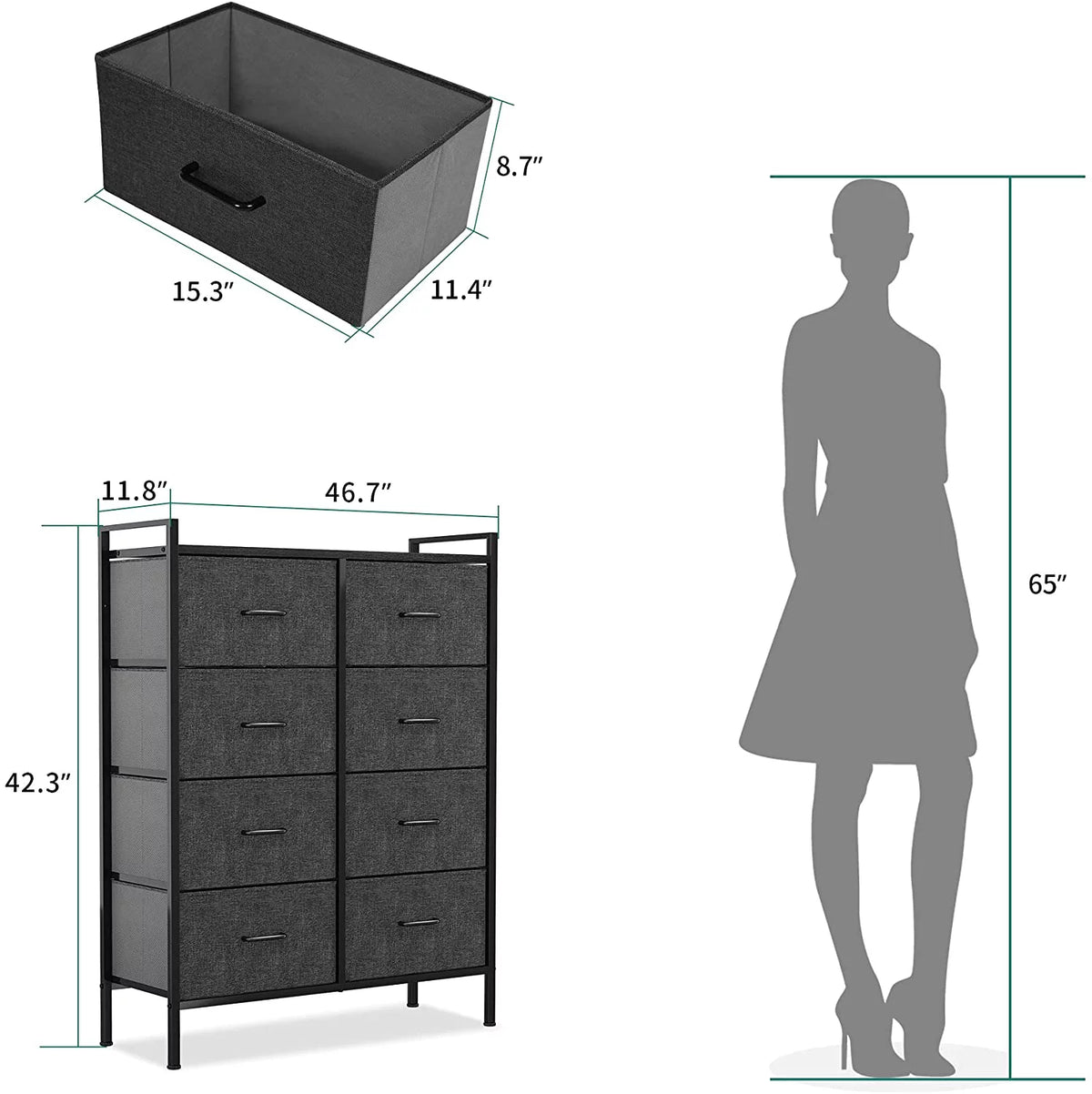 Black Gray 8 Drawer Fabric Dresser Z55557