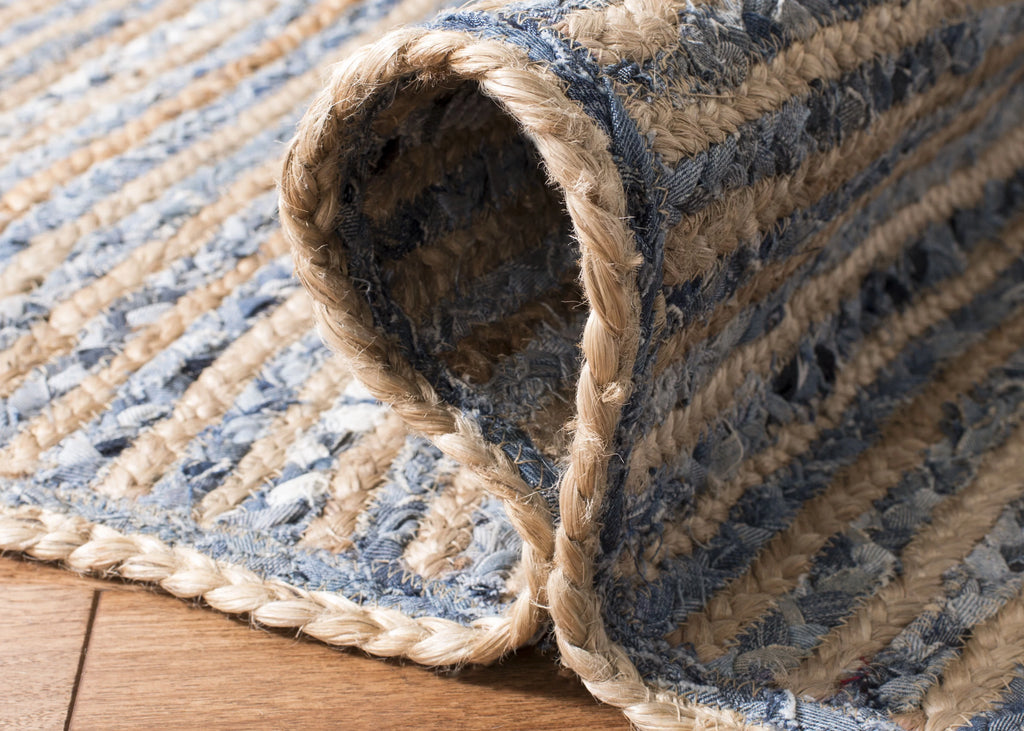 6' x 6' Round Natural Blue Braided Striped Jute Area Rug Q962091