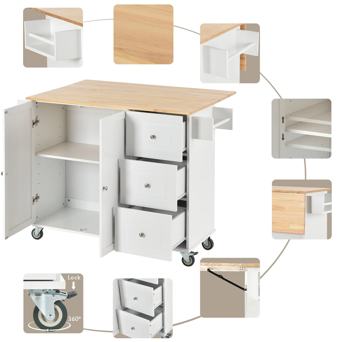 White Dining Island Cart with 2 Lockable Wheels and Drop-Leaf Tabletop X1260
