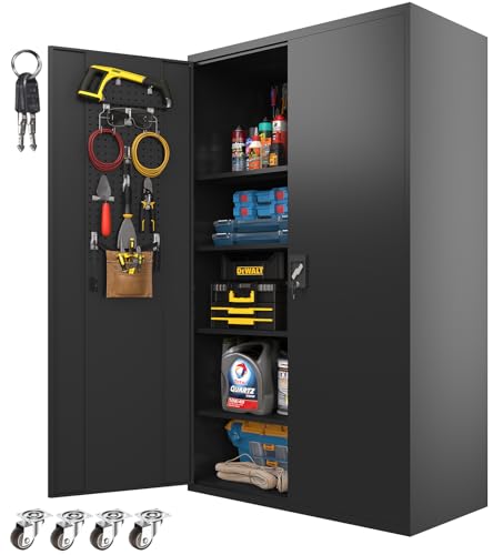 72 Inch Black Lockable Metal Storage Cabinet with Wheels H6383