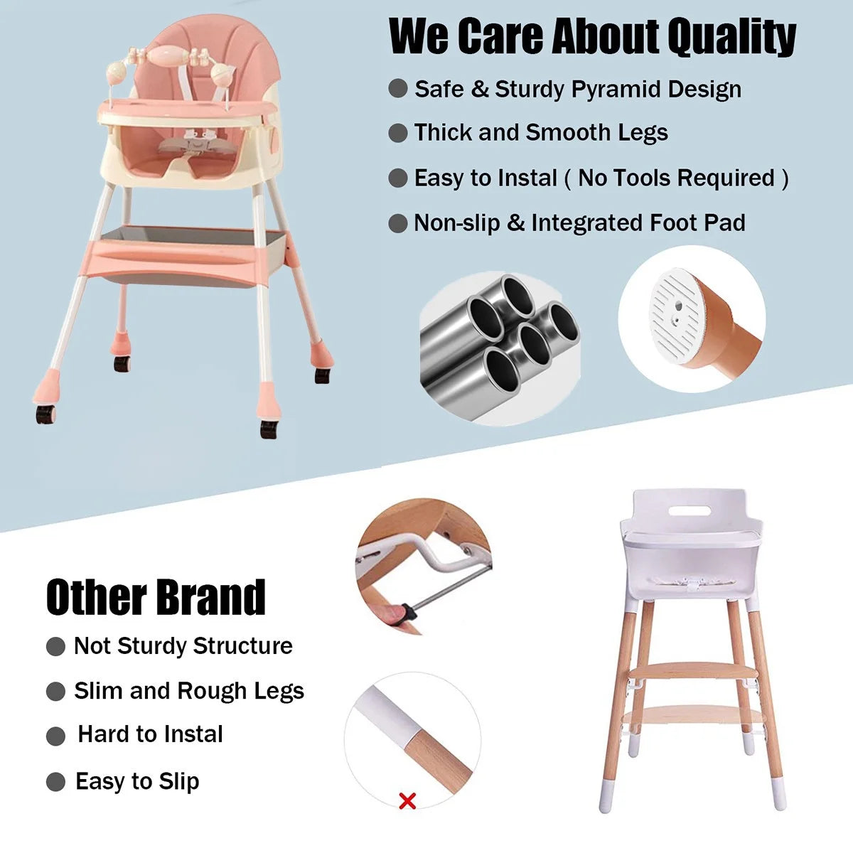 Pink 4-in-1 Baby Highchair with Five-Point Snap Button S8289